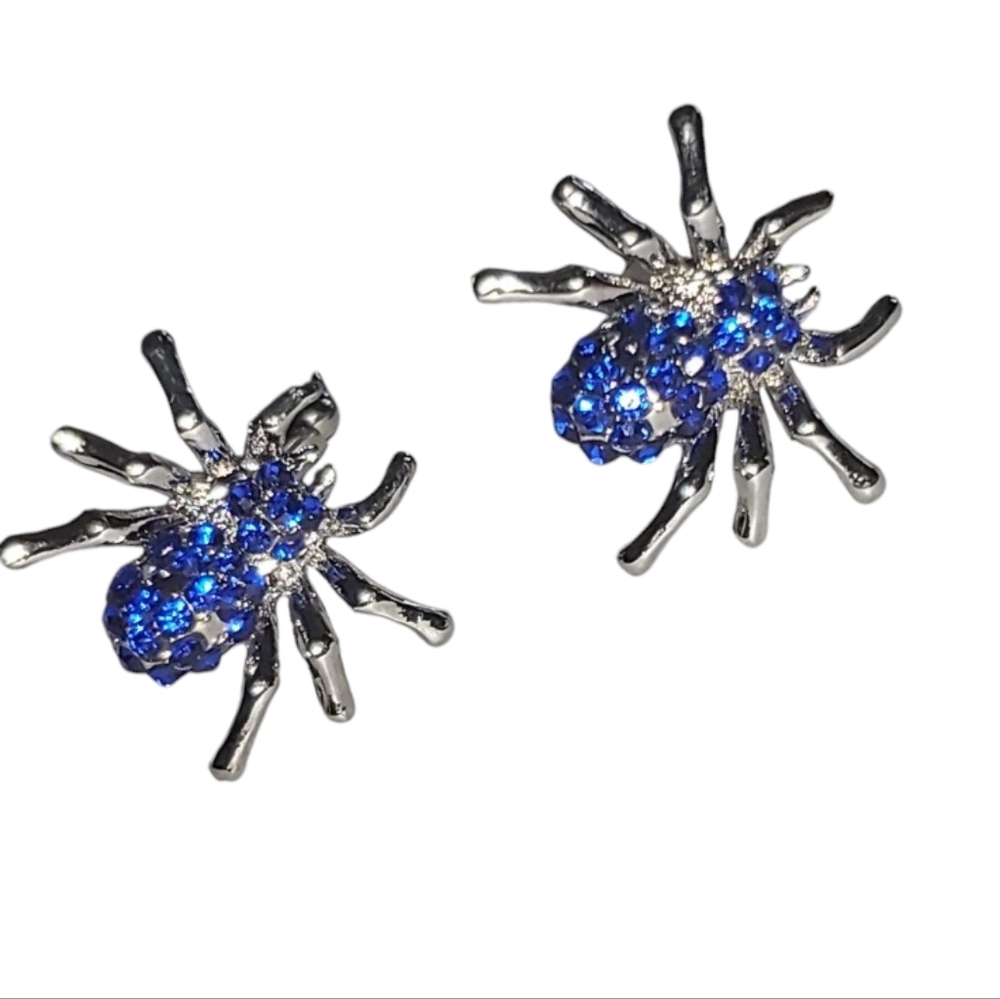 NWT Silver Plated & Bright Blue Rhinestone Creepy Spider Cufflinks
